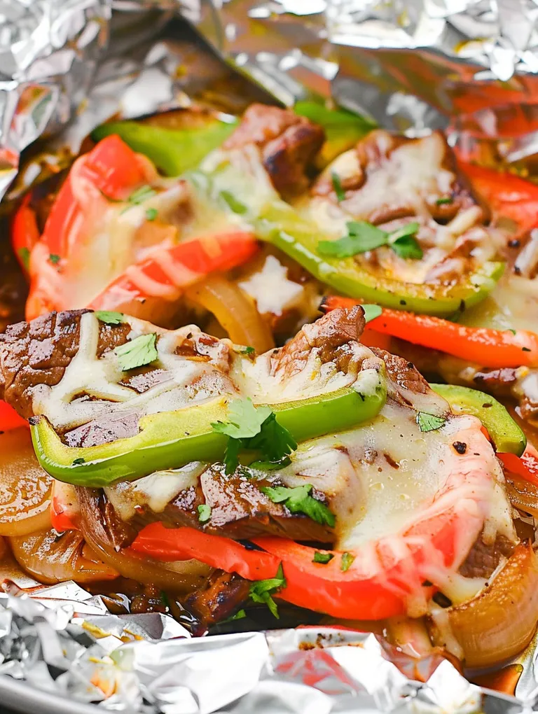 A close up of a delicious keto steak fajita foil packet.