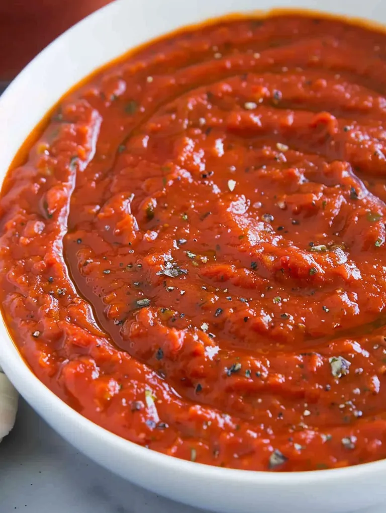 A bowl of red sauce with spices in it.