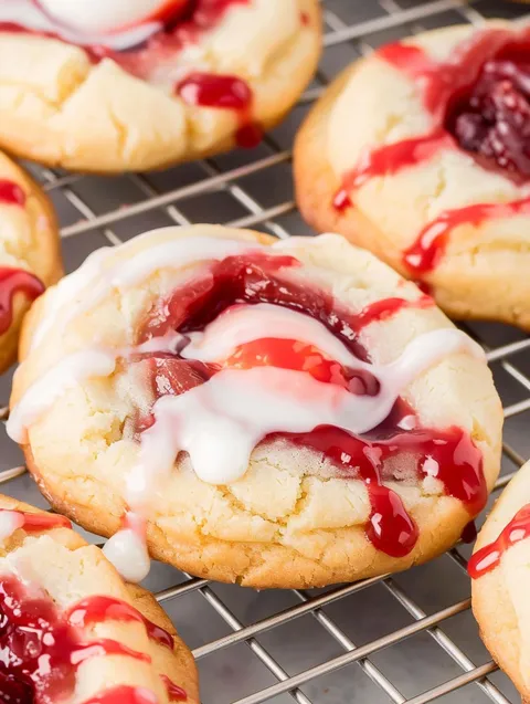 A tray of cookies with white frosting and red cherries.
