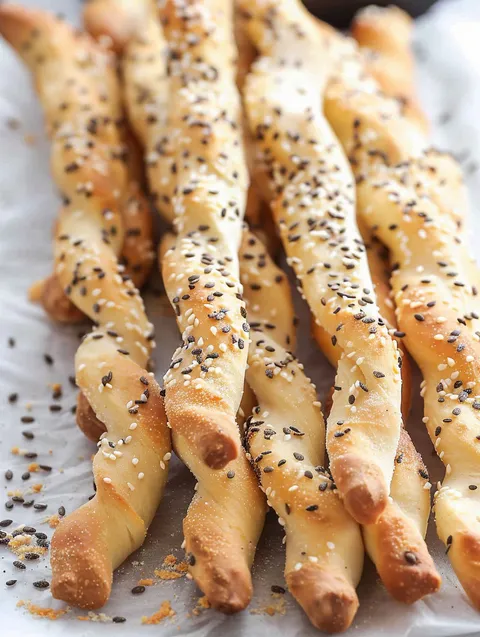 Breadsticks with sesame seeds on a tray.