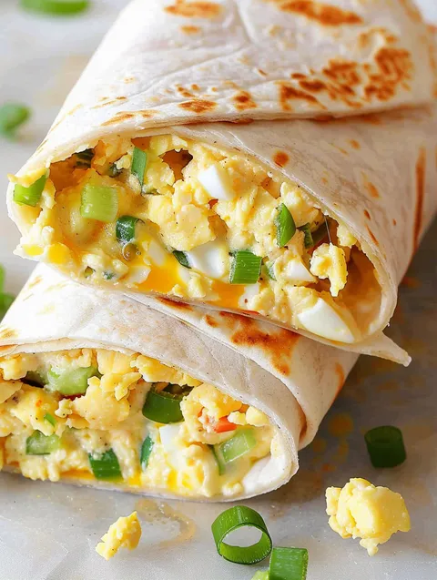A breakfast burrito with eggs and vegetables.