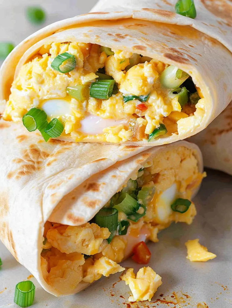 A breakfast burrito with eggs, cheese, and vegetables.