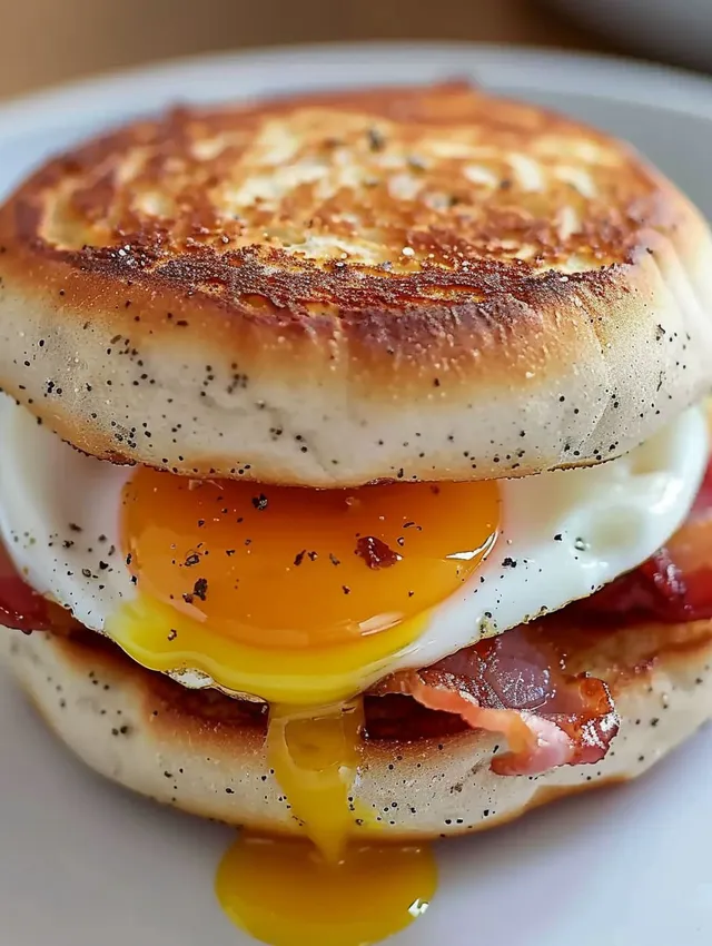 A breakfast sandwich with bacon and egg.