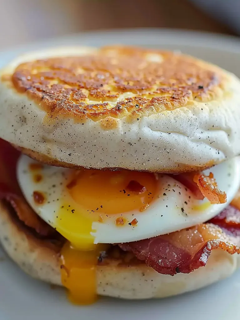 A breakfast sandwich with bacon, egg, and cheese.