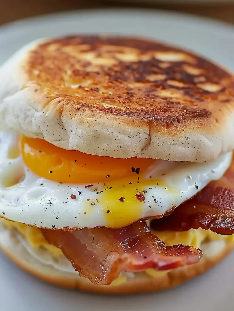 A breakfast sandwich with bacon and egg.