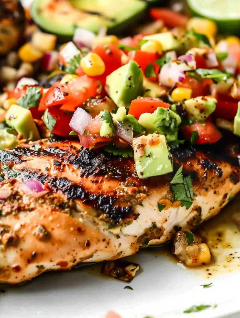 A plate of chicken with tomatoes, avocado, and lime.