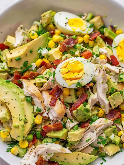 A bowl of chicken salad with avocado and eggs.