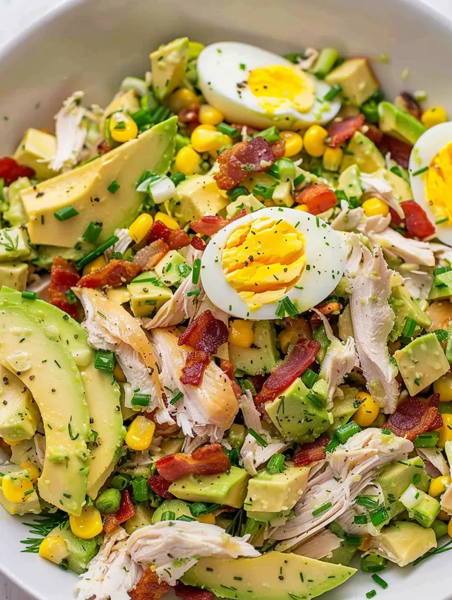 A bowl of chicken salad with avocado and eggs.