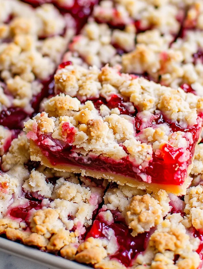 A close up of a cherry crumble bar.