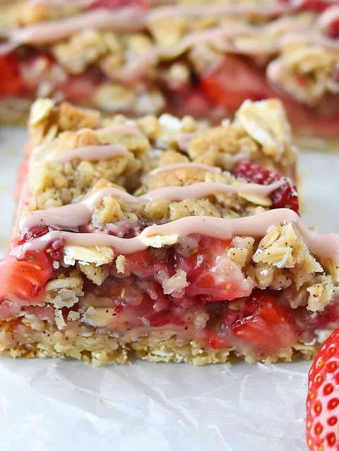 A slice of strawberry oatmeal bars.
