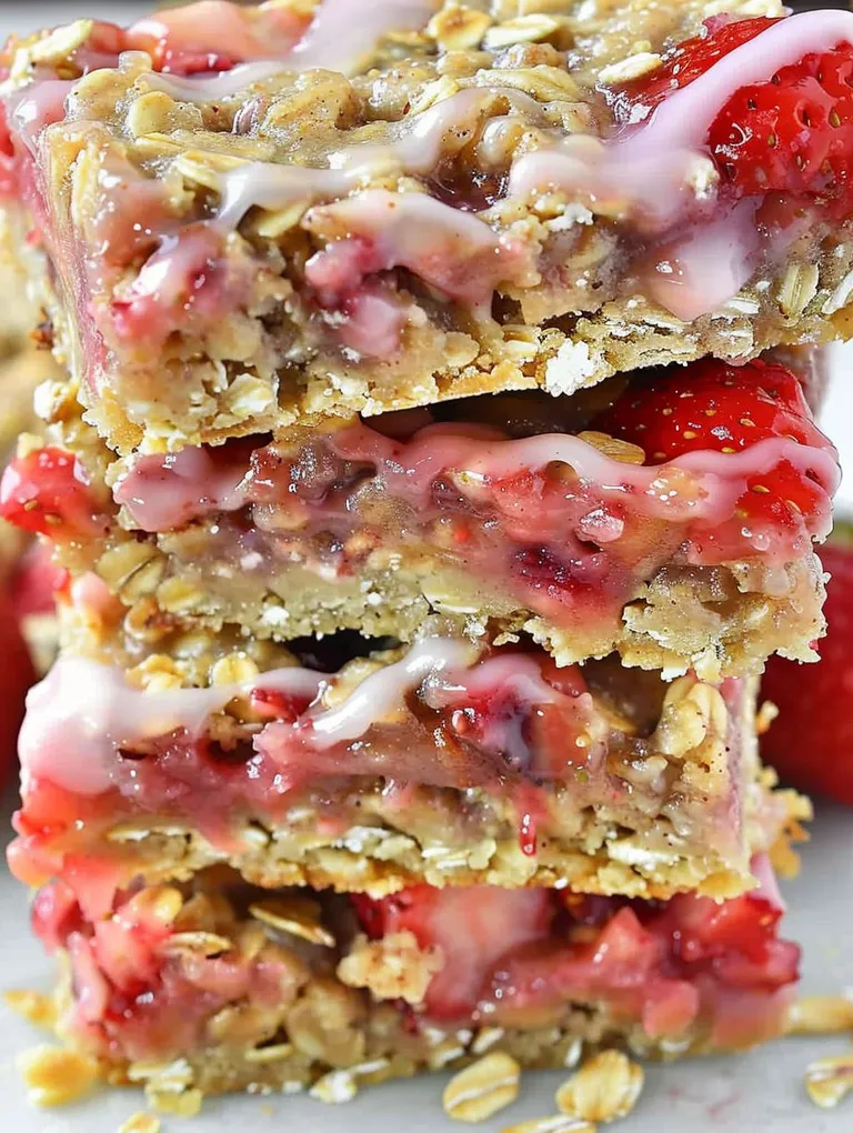 A stack of three bars with strawberries and whipped cream.