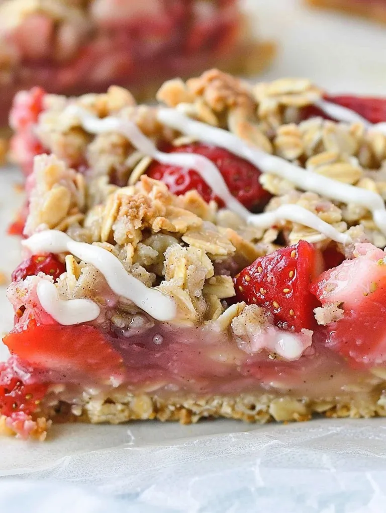 A slice of a strawberry oatmeal bar.