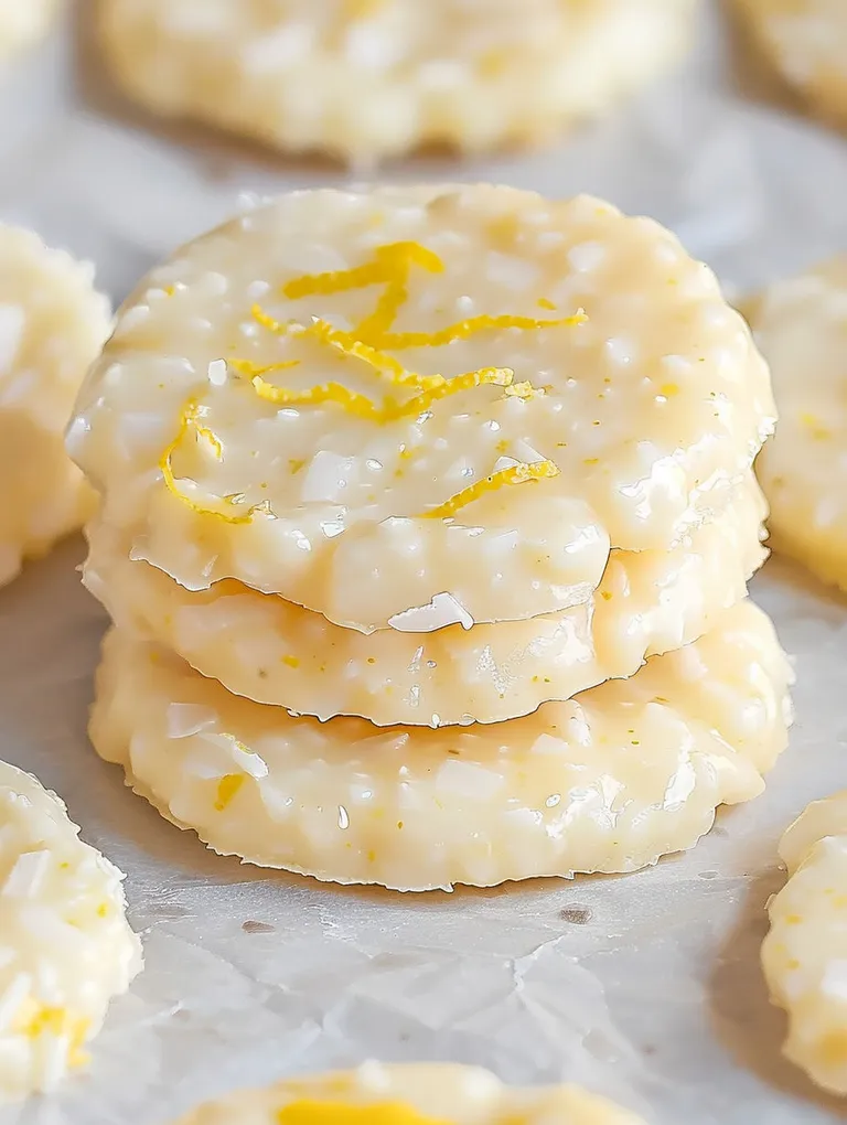 Three stacked cookies with a lemon flavor.