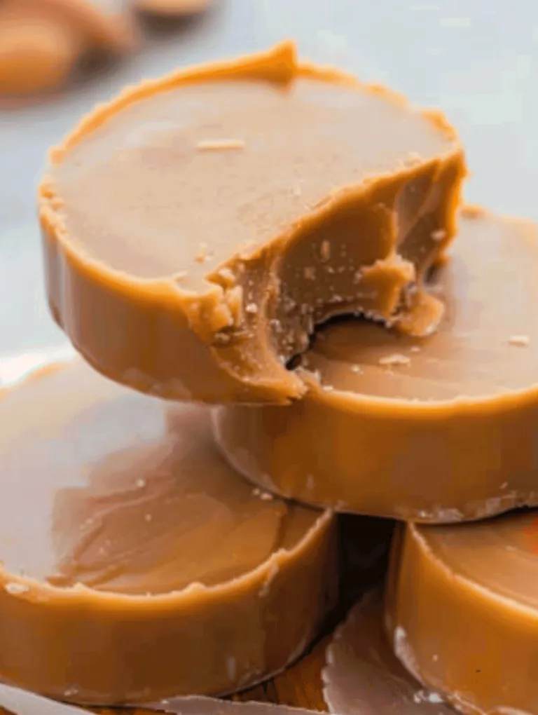 Almond butter fat bombs stacked on top of each other.