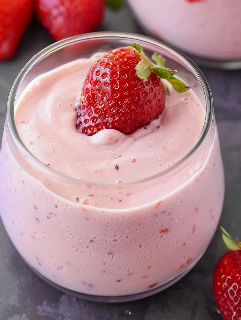 A glass of strawberry mousse with a strawberry on top.
