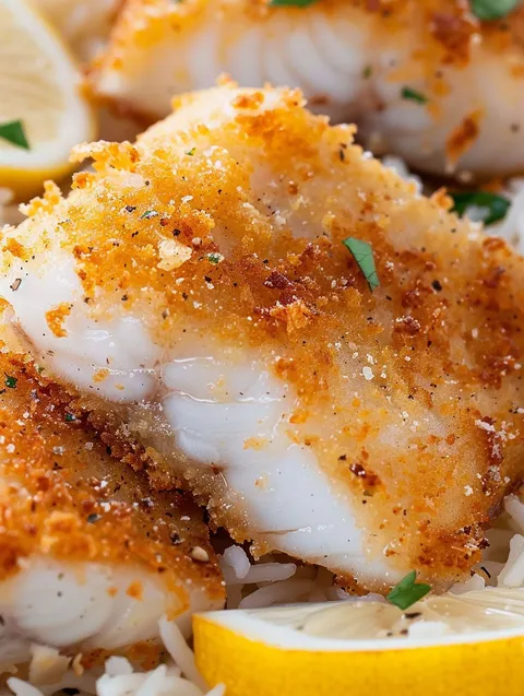 A pan fried fish with rice and lemon.