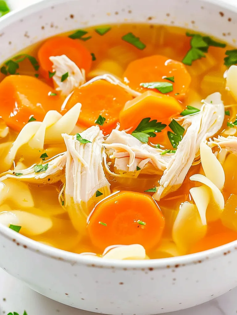 A bowl of soup with chicken and carrots.
