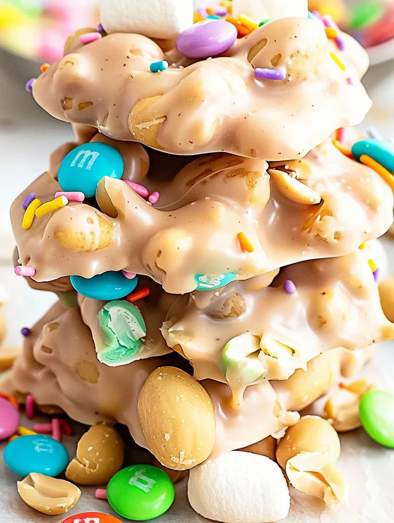 A stack of candy bars with a crockpot Easter candy recipe.