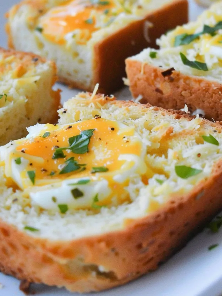 A slice of garlic toast with a fried egg on top.