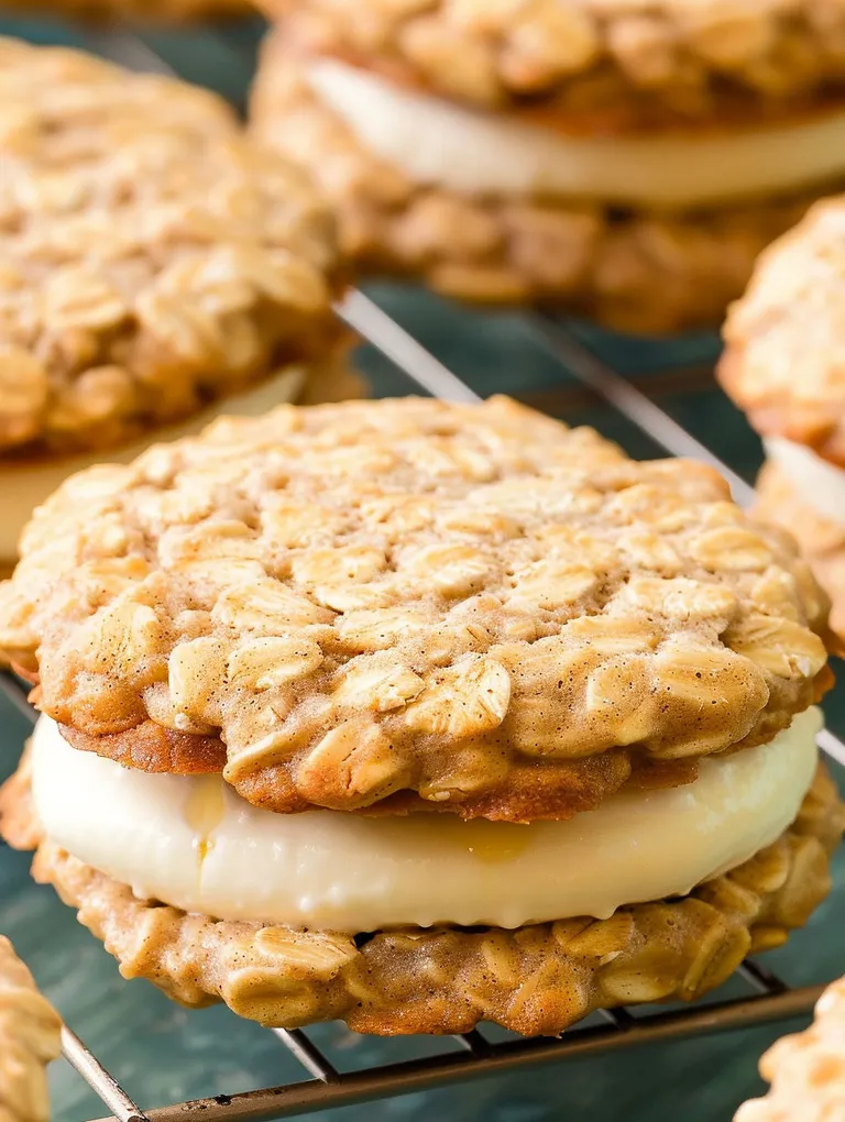 Banana oatmeal cream pies on a cooling rack.