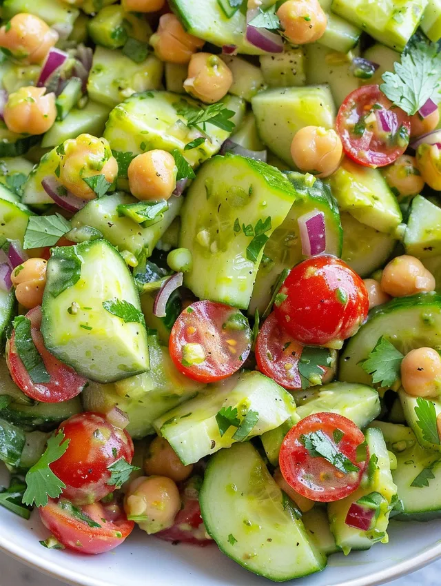 A salad with cucumber, tomatoes, and avocado.