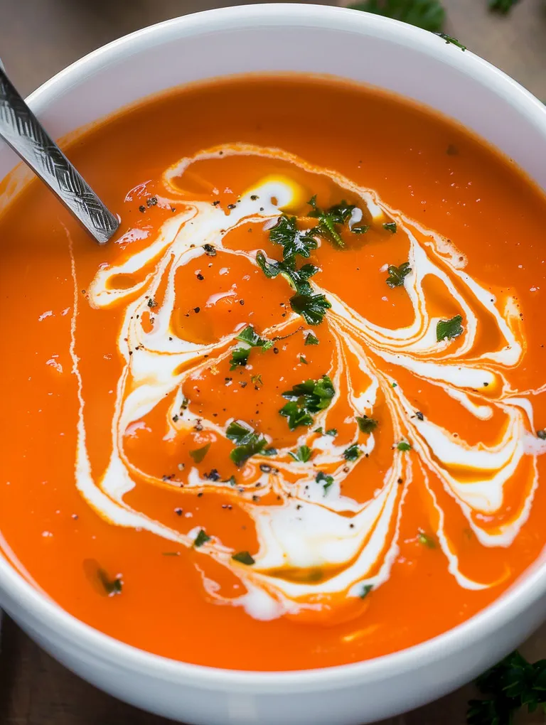 A bowl of soup with a spoon in it.