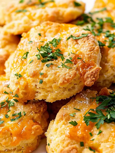 A close up of a biscuit with cheese and herbs on top.