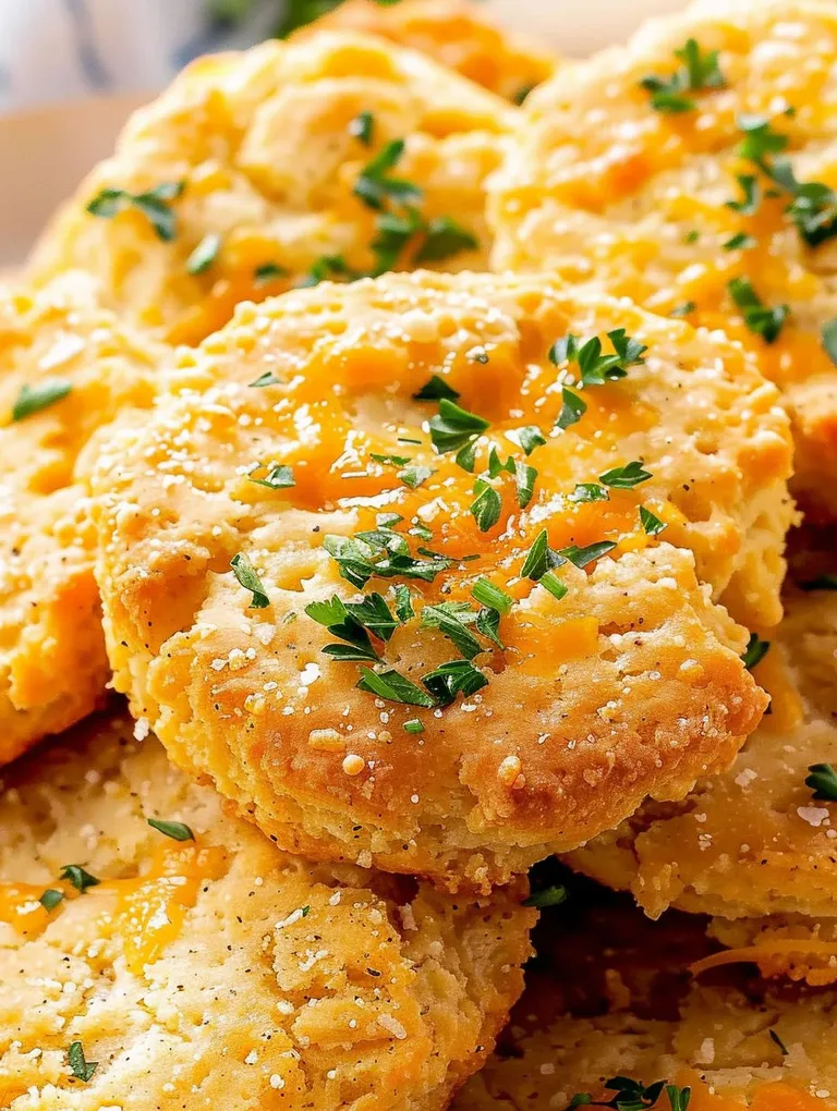 A close up of a biscuit with cheese and herbs on top.