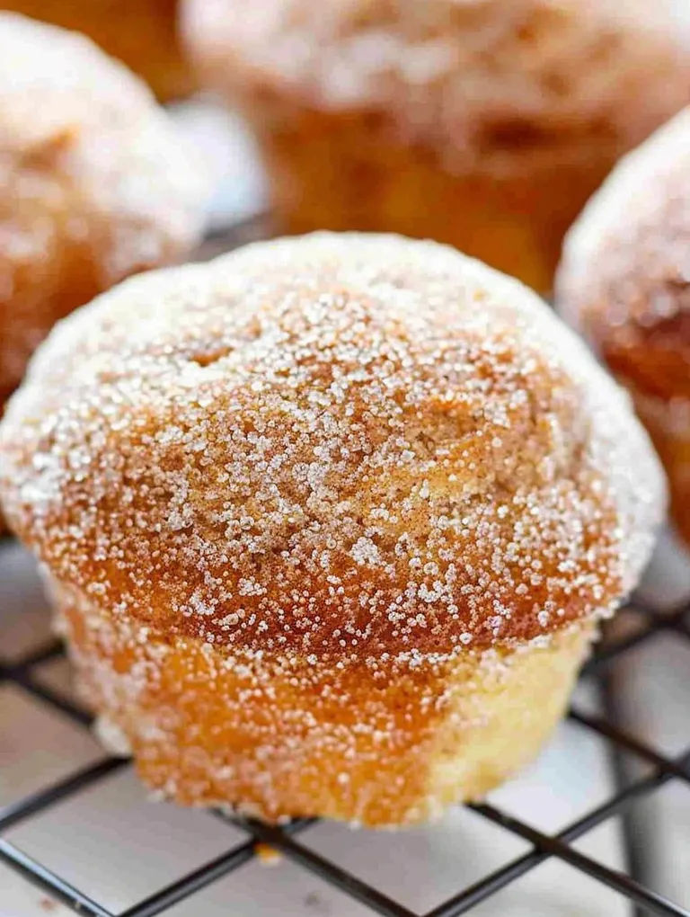 A close up of a cinnamon sugar donut muffin.