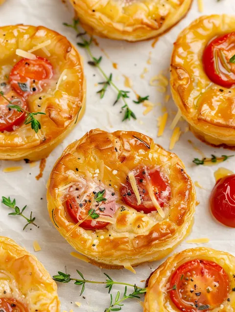 A close up of a tomato upside down puff pastry tart.