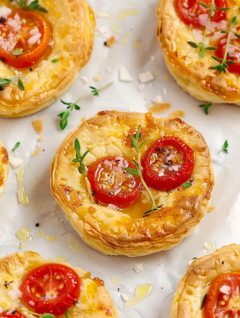 A close up of a tomato upside down pastry tart.