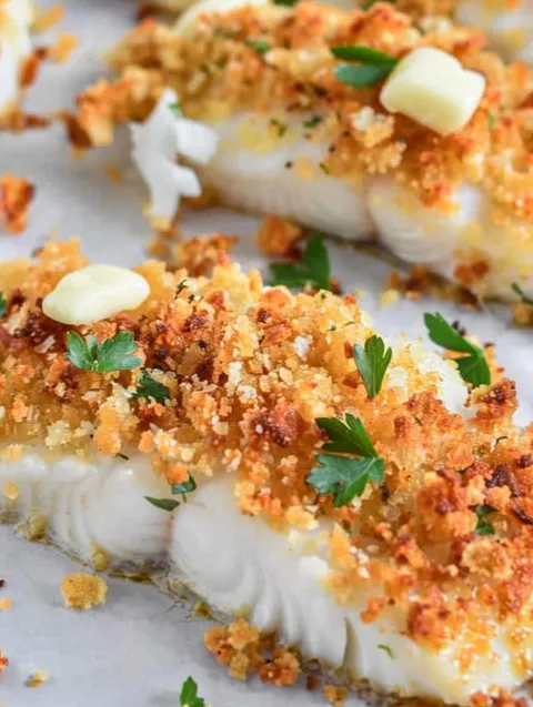 A close up of a piece of fish with Parmesan cheese on top.