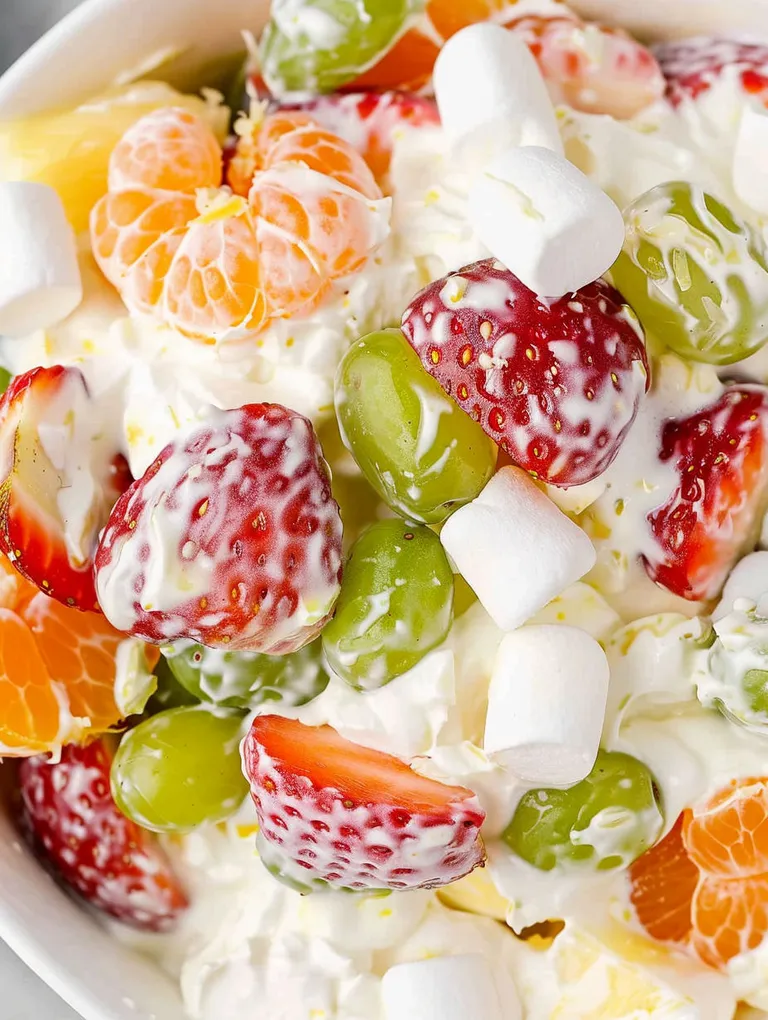 A bowl of fruit salad with strawberries, oranges, and green grapes.