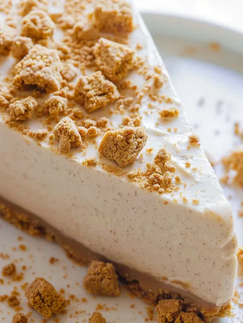A slice of a no-bake speculoos cake.