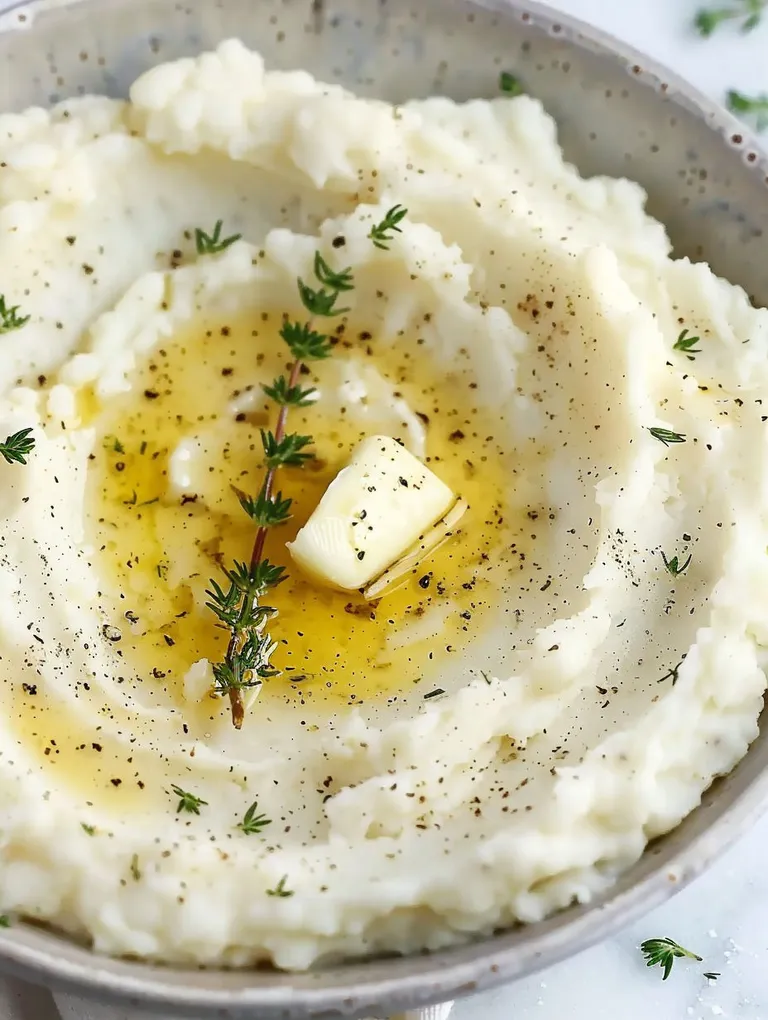 A bowl of mashed cauliflower with roasted garlic butter.