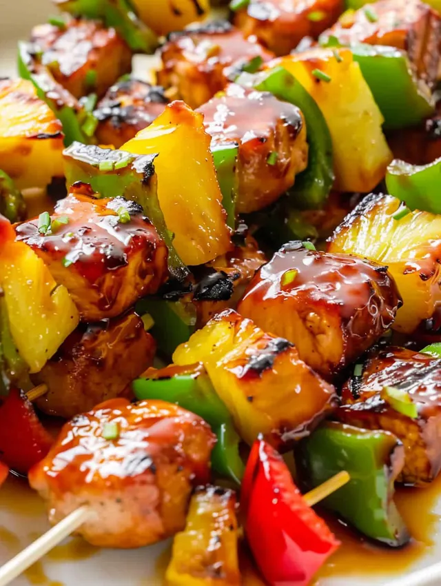 A plate of teriyaki chicken pineapple kabobs.