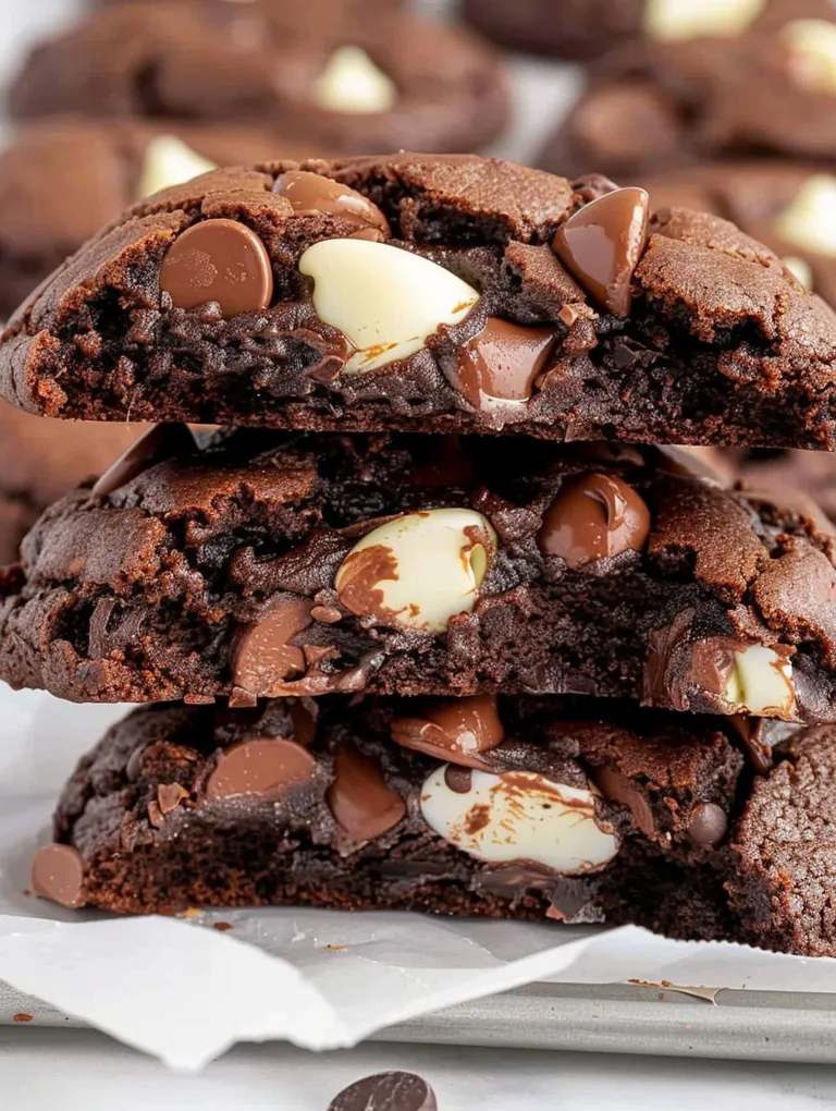 A close up of a chocolate dessert with white chocolate chips.