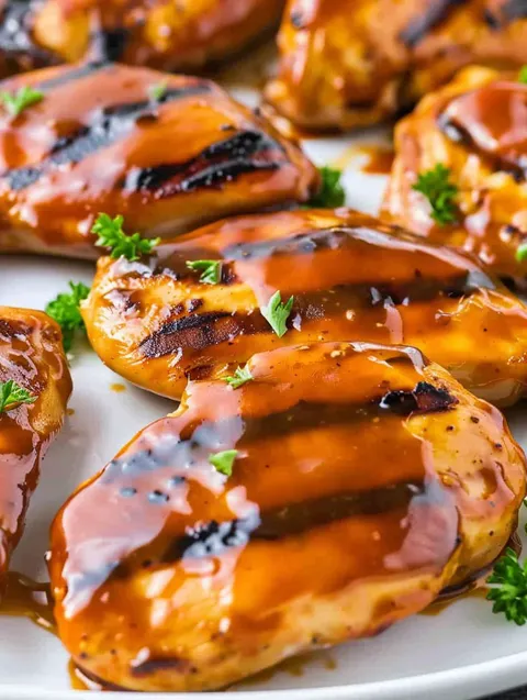 Honey barbecue grilled chicken on a white plate.