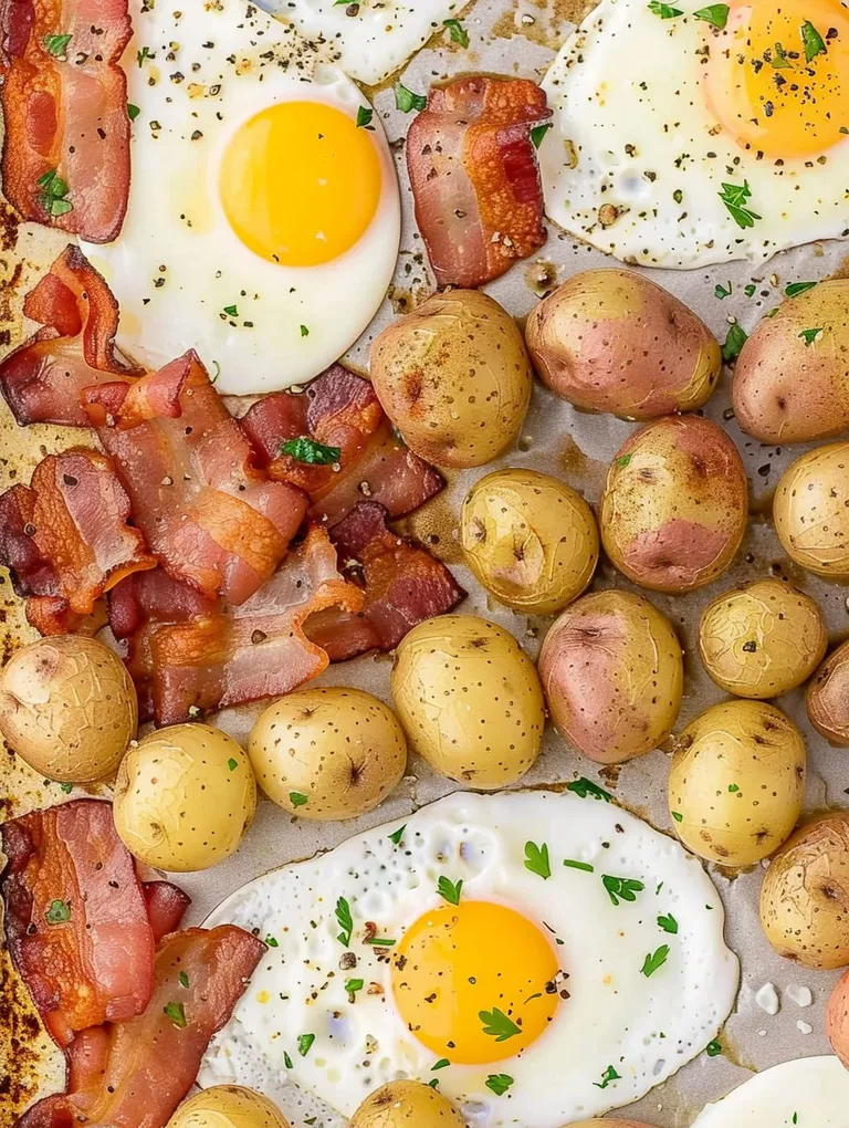 A breakfast plate with eggs, potatoes, and bacon.