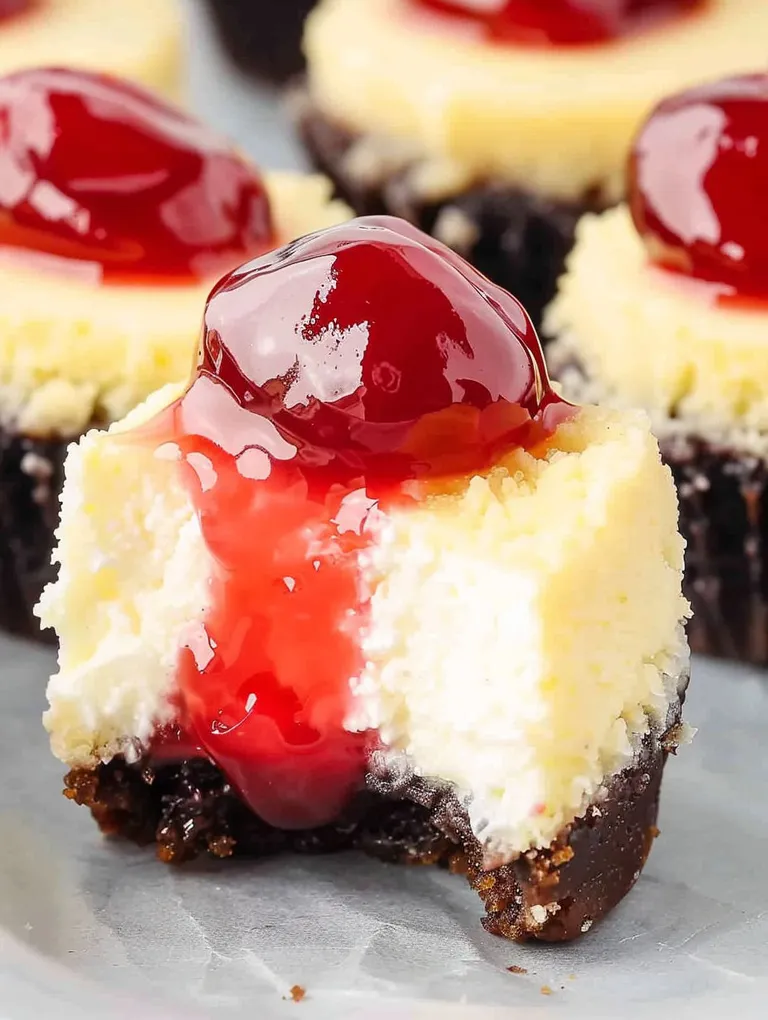 A slice of mini cherry cheesecake with a cherry on top.