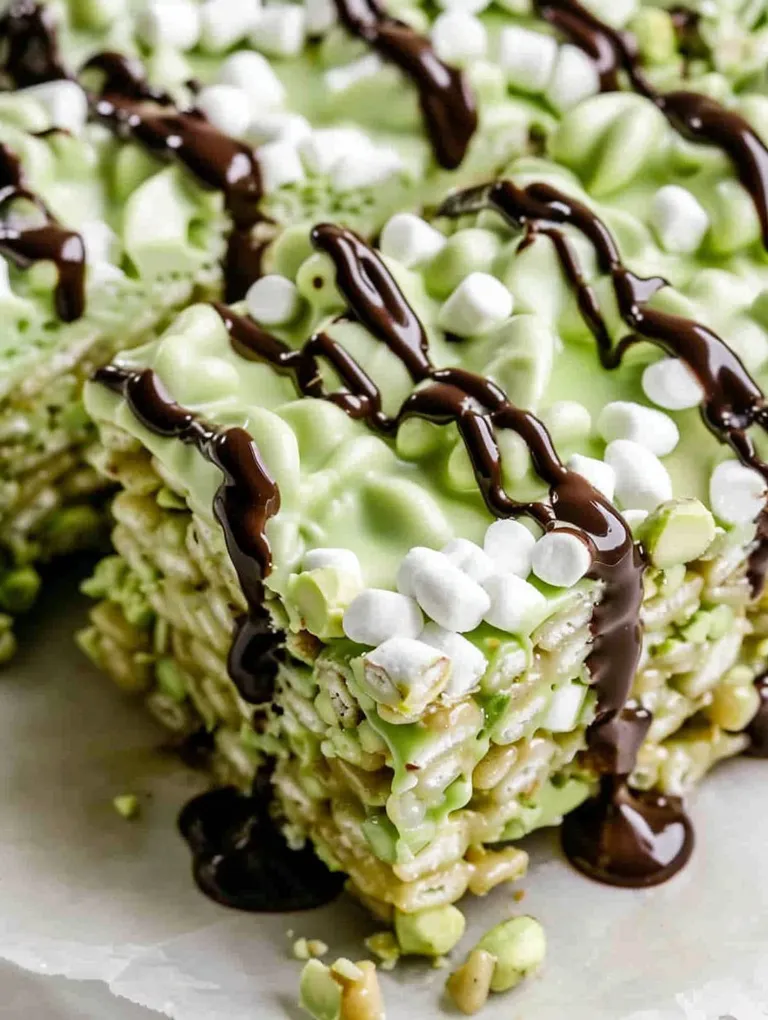 A close up of a pistachio rice krispie treat with chocolate drizzled on top.