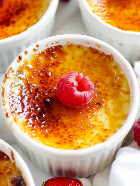 A white chocolate creme brûlée with a raspberry on top.
