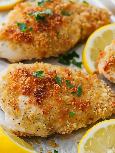 Parmesan crusted chicken with lemon wedges.