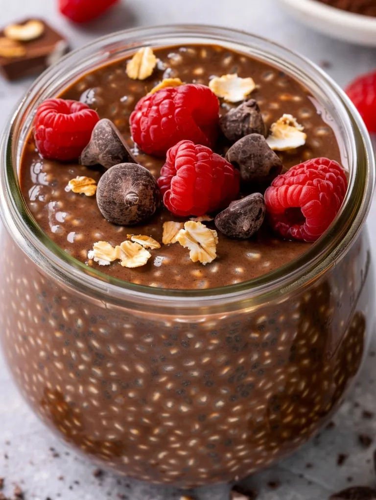 A glass of chocolate chia pudding with raspberries on top.