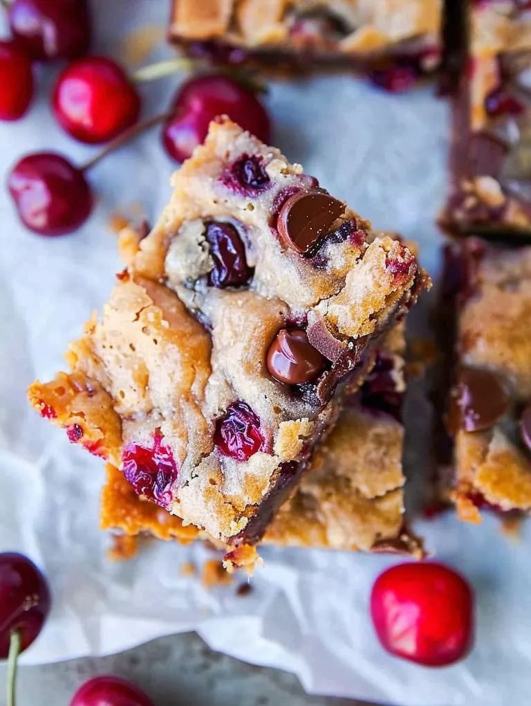 A square of chocolate chip cookie with cherries on top.