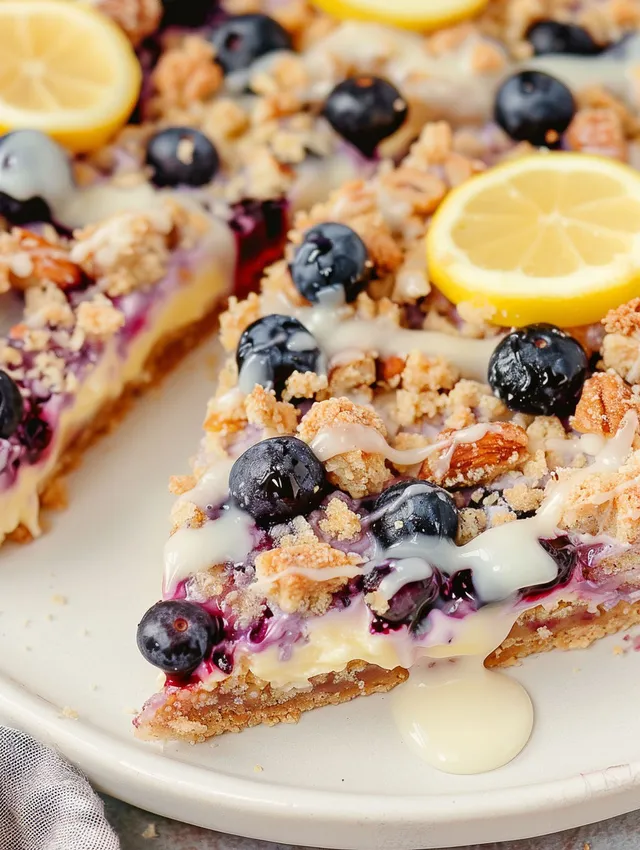A slice of blueberry lemon dessert pizza.
