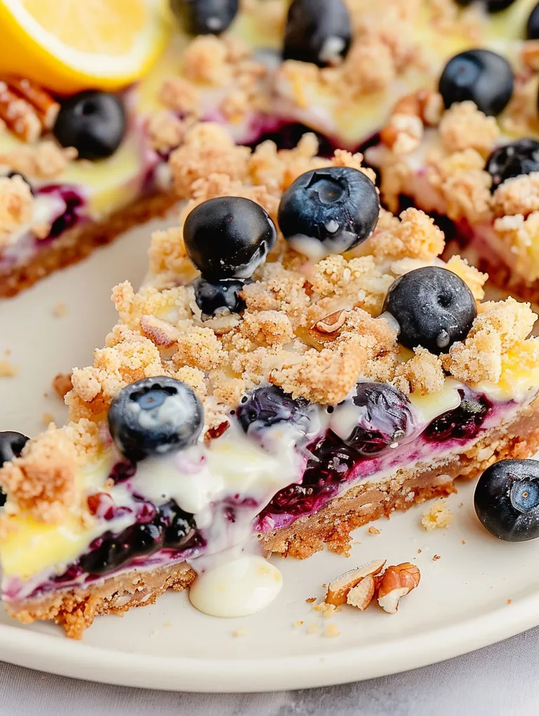A slice of blueberry and lemon dessert pizza.