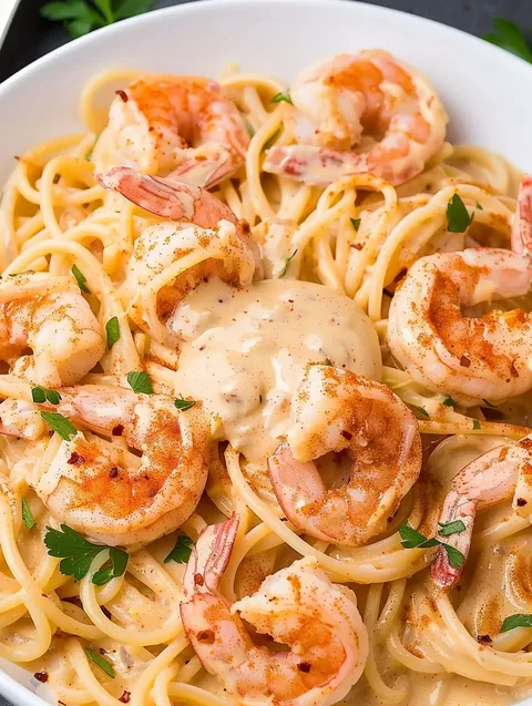A plate of pasta with shrimp and sauce.