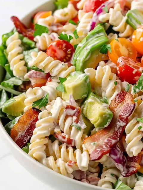 A BLT pasta salad with tomatoes, avocado, and bacon.