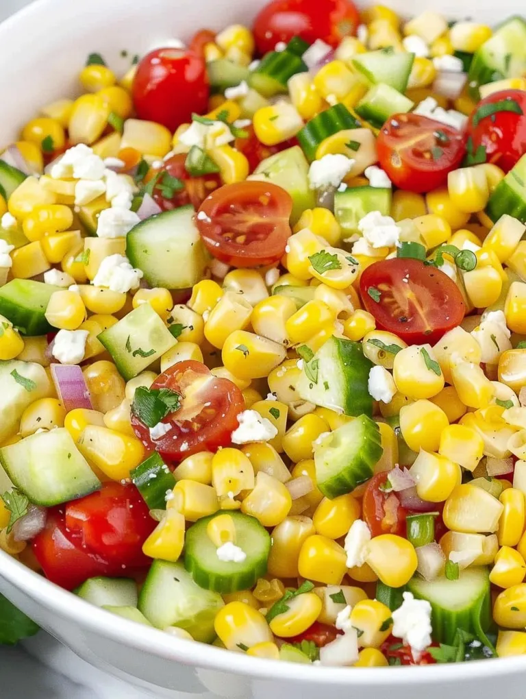 A bowl of vegetables including corn, tomatoes, cucumbers, and onions.